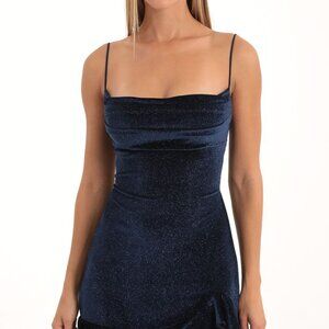 Lucy in the Sky Kailani Velvet Glitter Cowl Neck Dress in Navy Blue, size XS.